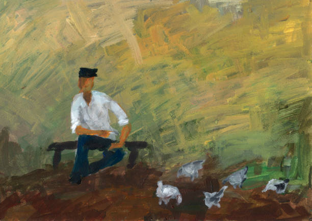 istock Farmer in white shirt and blue jeans sits on a bench and smokes. Chickens walk in the yard. Abstract painting. 1090877886
