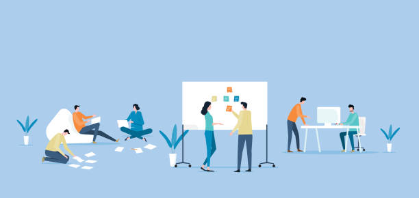 ilustraciones, imágenes clip art, dibujos animados e iconos de stock de concepto vector plano del negocio equipo de trabajo y proyecto reunión de colaboración procss - cotrabajo