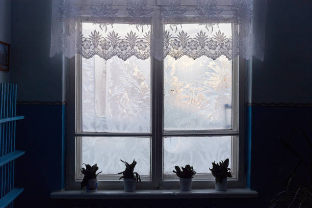 Curtains on the window. Interior details. Transparent fabric.