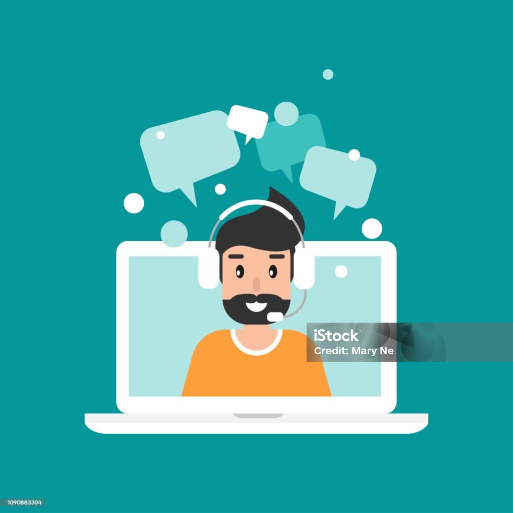 Man operator on laptop screen with headphones and microphone. Man operator on laptop screen with headphones and microphone. flat vector illustration on blue background. human with headset on laptop. consulting, job online, internet. Call center. help Customer Service Representative stock vector