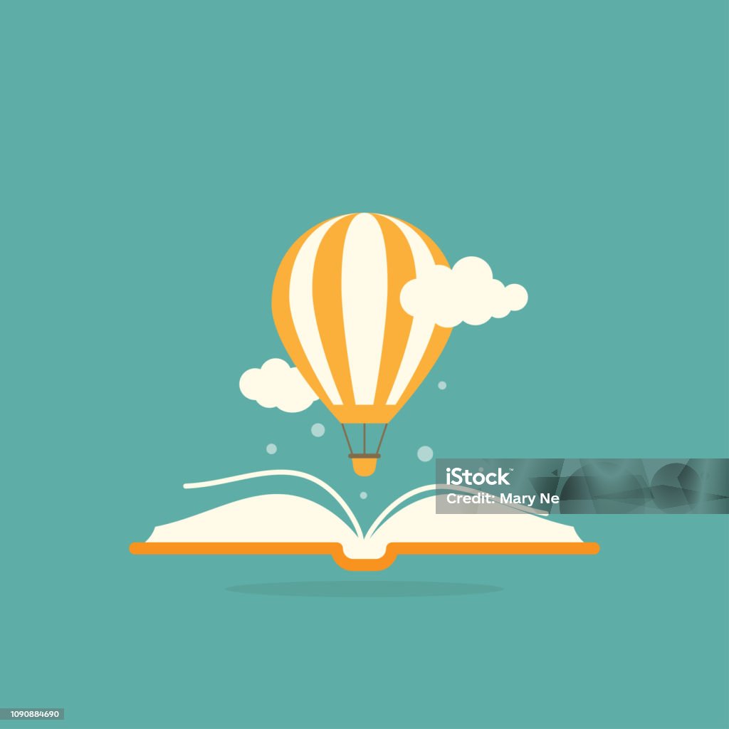 Öppen bok med luftballong och moln - Royaltyfri Bok - Tryckt media vektorgrafik