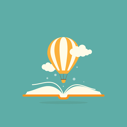 Open book with air balloon and clouds. isolated on turquoise background. Vector flat illustration. Magic fairytale reading logo. Imagination and inspiration picture. Fantasy. Creative kids