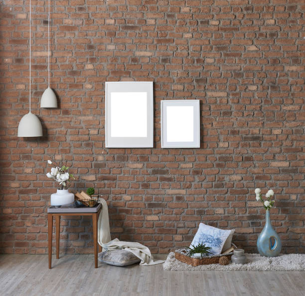 istock Brown brick wall, frame and lamp room. 1090896214