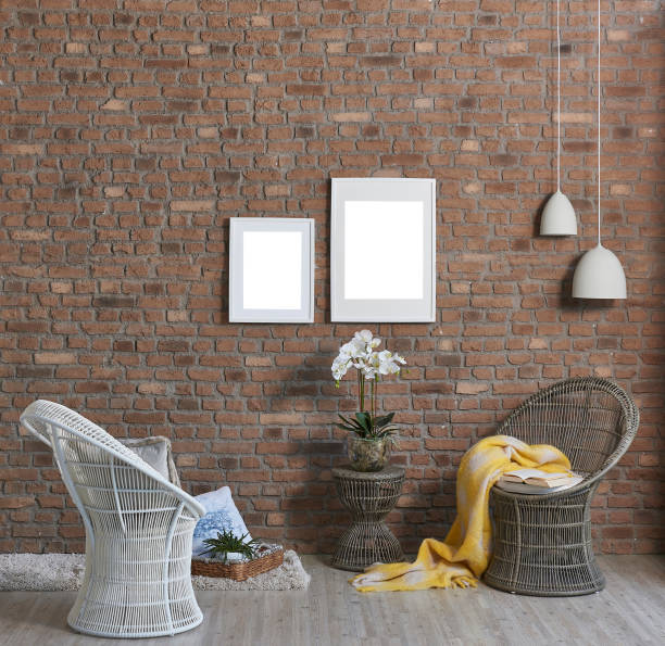 istock Brown brick wall, frame and lamp room. 1090896398