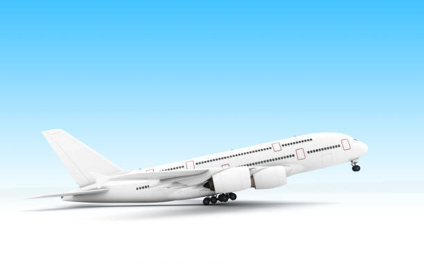 istock White airplane Airbus A380 takes off. Isolated on blue background. Right side view. 3D illustration. 1090905214