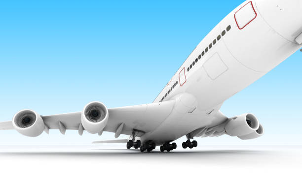 istock White airplane Airbus A380 takes off. Isolated on blue background. Close-up. Front view. Bottom view. Perspective. 3D illustration. 1090905334
