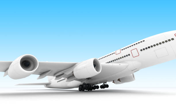 istock White airplane Airbus A380 takes off. Isolated on blue background. Close-up. Front side view. Bottom view. Perspective. 3D illustration. 1090905384
