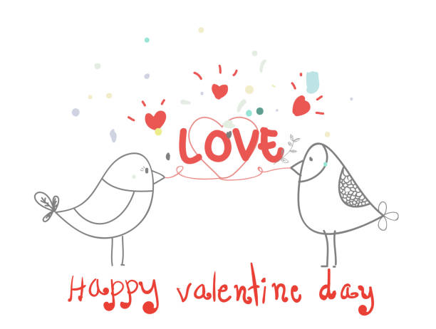 해피 발렌타인 데이, 사랑 스러운 새 심장 만화, 사랑, 창조적 그려진된 손을 만든 카드, 요소, 사랑, 전단지, 초대장, 브로셔, 배너, 포스터 - cherry valentine stock illustrations