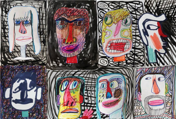 People faces on patterned background Artwork of different people faces on patterned backgrounds child illustrations stock illustrations