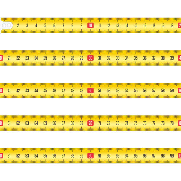 illustrazioni stock, clip art, cartoni animati e icone di tendenza di nastri di misura vettoriali. - tape measure yellow long instrument of measurement