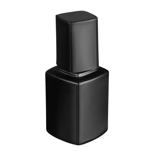 A closed shiny and black Nail Polish Flask on a isolated White Background
