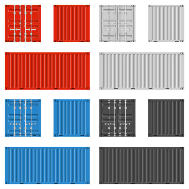 Cargo container set. Cargo container for shipping in flat style. Red, blue, white and black colors. Front, Back and Side view. Transportation Container isolated on white background. Freight Shipping concept. Vector EPS 10 container stock illustrations