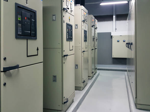 Electric power control cabin in factory stock photo