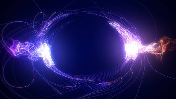 Abstract blue futuristic sci-fi plasma circular form with energy light strokes Abstract blue and red futuristic sci-fi plasma circular form. 3D illustration of shining energy force field light strokes waving on a ring motion path for logo or text. 4K Ultra HD high energy physics stock illustrations
