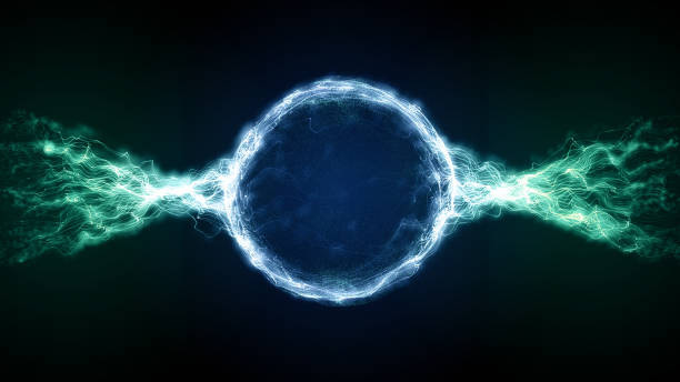 Abstract blue futuristic sci-fi plasma circular form with energy light strokes Abstract blue and green futuristic sci-fi plasma circular form. 3D illustration of shining energy force field light strokes waving on a ring motion path for logo or text. 4K Ultra HD high energy physics stock illustrations