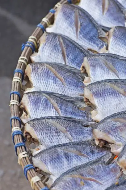 Photo of Closed up dried fish in basket (fresh market)