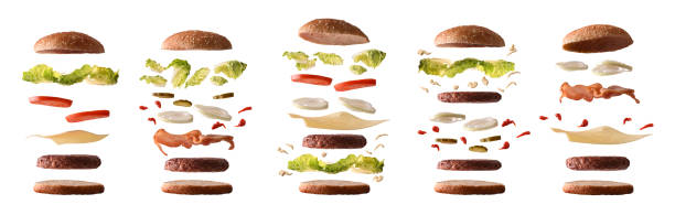 Set of different burgers with ingredients by layers white isolated