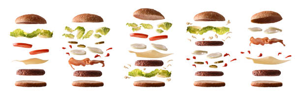 Set of different burgers with ingredients by layers white isolated Set of different burgers with ingredients separated by layers on white isolated background. Front view. Horizontal composition. bun bread stock pictures, royalty-free photos & images
