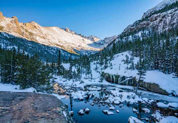 Winter in Rocky Mountain National Park Hiking trail to a frozen Lake beneath "The Spearhead" in Glacier Gorge,  Rocky Mountain National Park colorado rocky mountain national park lake mountain stock pictures, royalty-free photos & images