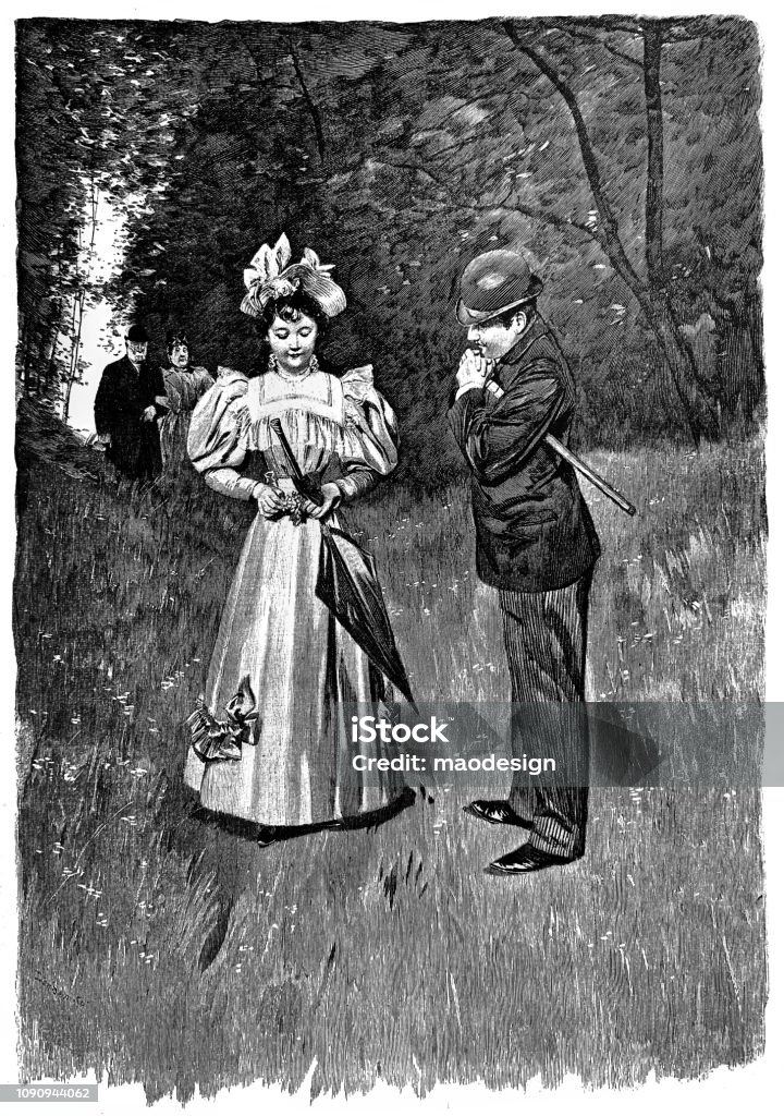 Couple in love in the park - 1896 1895 stock illustration