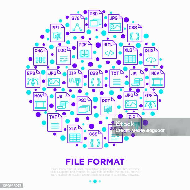 File Formats Concept In Circle With Thin Line Icons Doc Pdf Php Html Jpg Png Txt Mov Eps Zip Css Js Modern Vector Illustration Print Media Template Stock Illustration - Download Image Now