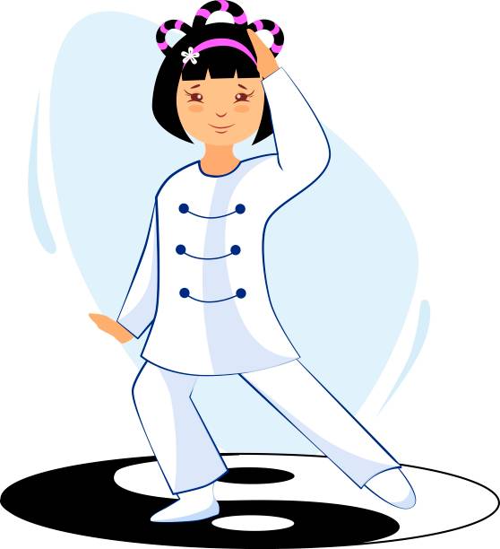 girl performs tai chi and qigong exercises Illustration of a girl performing tai chi and qigong exercises tai chi meditation stock illustrations