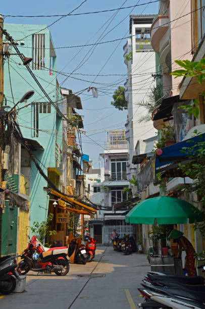 Ho Chi Minh City, Vietnam - 3rd January 2018. A small residential back street in the Tran Hung Alleys area of District 1 in Saigon.