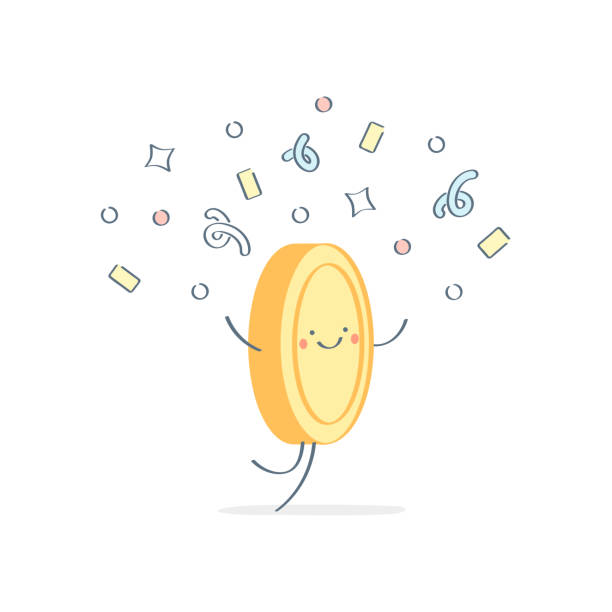 Happy cheerful coin running in confetti. Financial success, wealth, make money, profit. Flat outline vector illustration on white background. Coin, Currency, Gold, Paper Currency, US Paper Currency, Profit, Income british coins stock illustrations