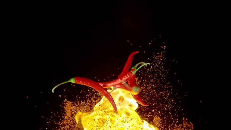 Flying Burning Chili Peppers and Spices. High speed, Phantom Flex 4K