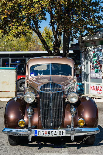 Belgrade, Serbia-October 13, 2018: An oldtimer exhibition in the parking lot in front of the Rakovica Municipality in Belgrade, Serbia. Oldtimer Chrysler Airstream was produced in 1936.