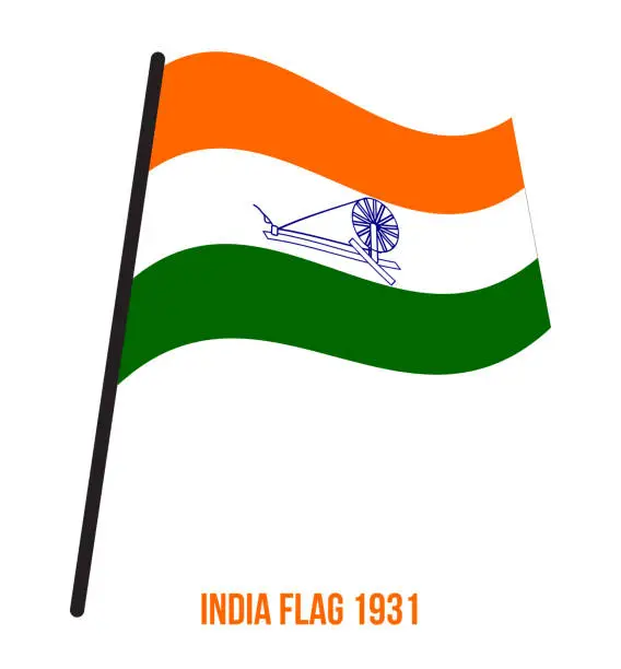 Vector illustration of India Flag Waving 1931 Vector Illustration on White Background. Swaraj Flag Officially Adopted By The Indian National Congress in 1931.