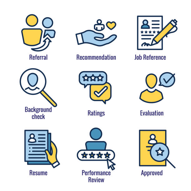 Referral Job Reference Icon Set with recommendations, performance review, etc Referral Job Reference Icon Set with recommendations, & performance review, etc multi level marketing stock illustrations