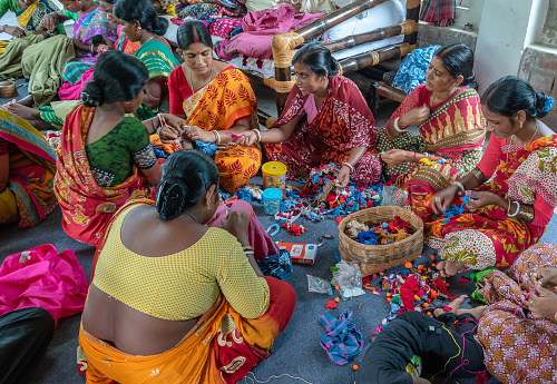 September 07,2018. Debanandapur, West Bengal. India. A group of Self employment village  women working and manufacturing garments.