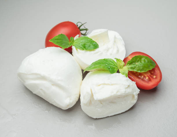 istock Traditional Italian mozzarella cheese with herbs and tomatoes on gray background. 1090964684