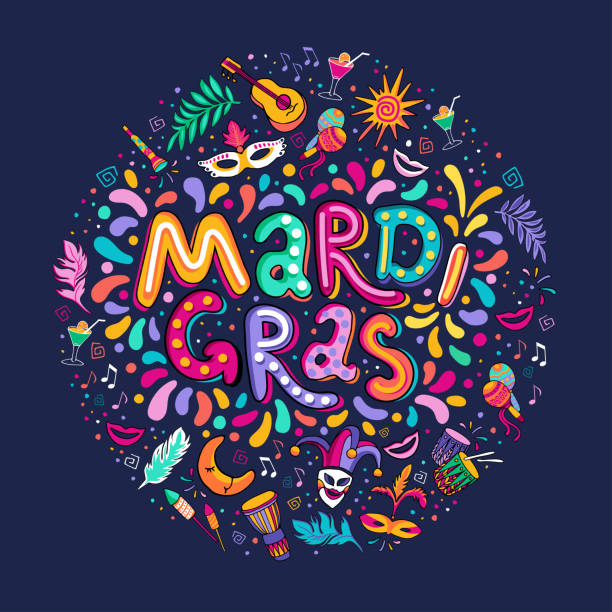 Vector Hand drawn Mardi Gras Lettering text inscription round shape. Carnival Colorful Party Elements confetti fireworks Feast vector hand drawn Mardi Gras text Lettering. Festive badge, logo. Masquerade Party poster greeting card, invitation. Celebration decorate in round shape. Flashes of firework, colorful confetti. mardi gras flyer stock illustrations