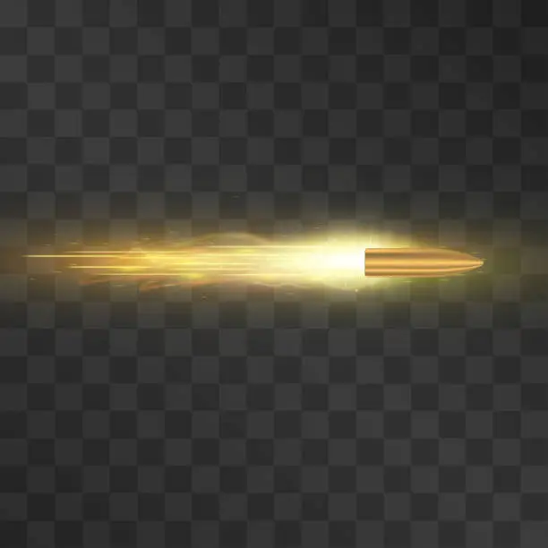 Vector illustration of Fired bullet with shining trail, flying to the target vector.  Aggressive attack, dangerous fight, powerful strike or conflict symbol. Bronze slug on transparent background. Fire shot illustration.