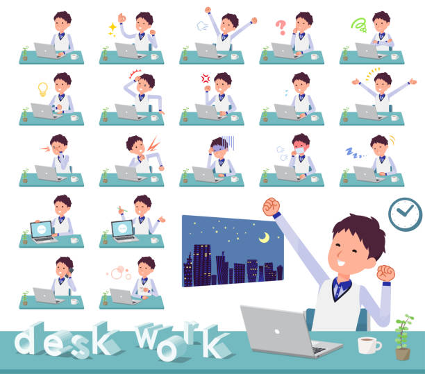 ilustrações, clipart, desenhos animados e ícones de trabalho de men_desk uniforme azul do tipo liso loja pessoal - retail occupation flash