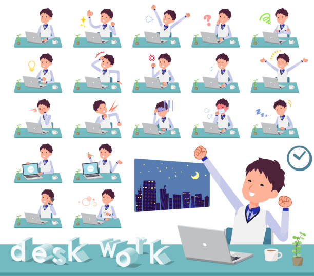 плоский тип магазин сотрудников голубая форма men_desk работы - retail occupation flash stock illustrations