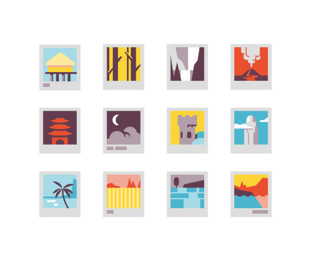 Landmark Flat Icons Series 2 Flat icons including forest, waterfall, volcano, China, castle, paradise, etc. bungalow photos stock illustrations