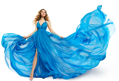 Woman Flying Blue Dress, Fashion Model Dancing in Long Waving Gown, Fluttering Fabric Isolated over White Background