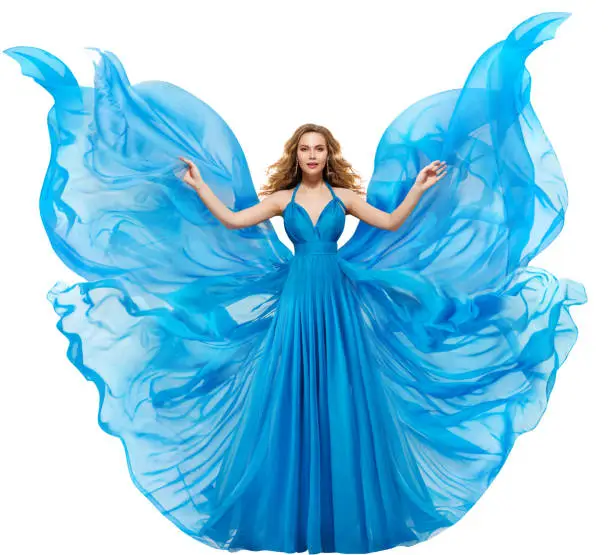 Photo of Woman Blue Dress, Fashion Model in Long Waving Gown as Butterfly Wings, Flying Fluttering Fabric