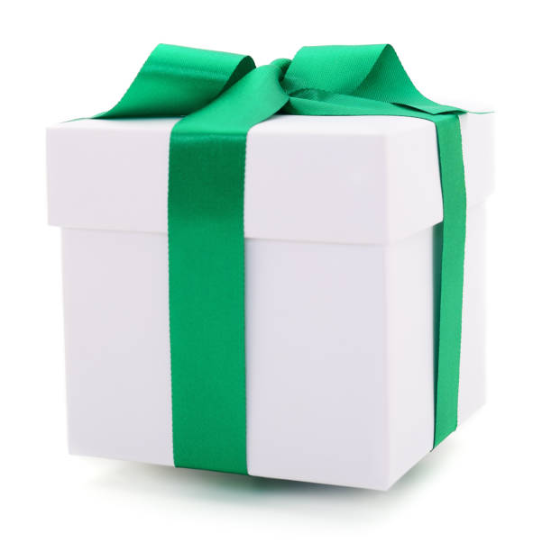 istock White gift box with green ribbon 1090972996