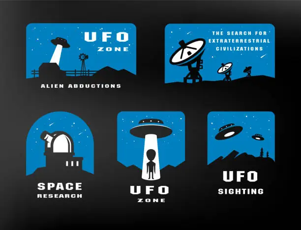 Vector illustration of Ufology and space searches. Emblem
