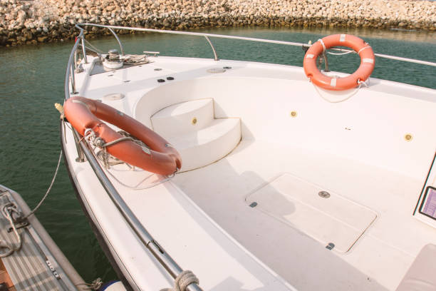 istock luxury boat with 2 life wheels - nautical vessel 1090975934