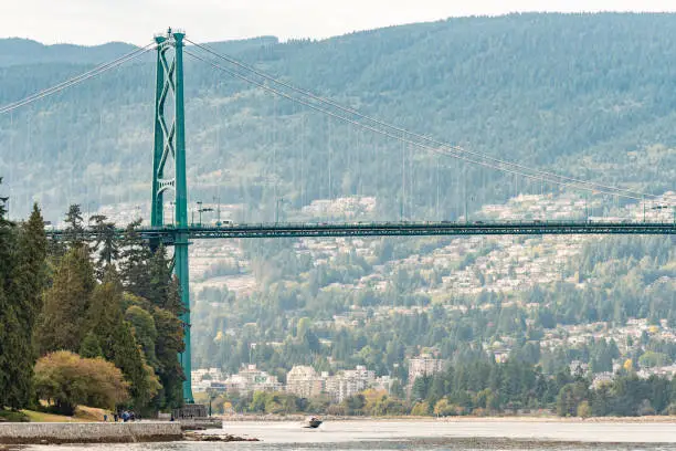 Lions Gate Bridge (also known as First Narrows Bridge) from Stanley Park in downtown Vancouver, Canada