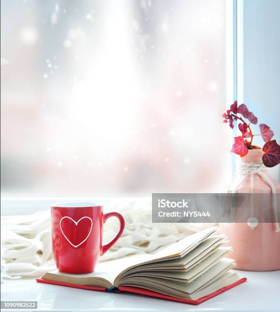 Valentines Day Backgroundred Mug On Window Still Stock Photo - Download Image Now
