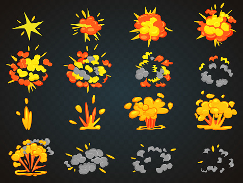 Key frames of bomb cartoon explosion animation. Bang top and front view vector illustration
