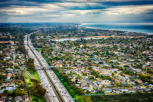Above the cities of Oceanside and Carlsbad, California, located in the northern coastal section of San Diego County with Interstate 5 running north and south.