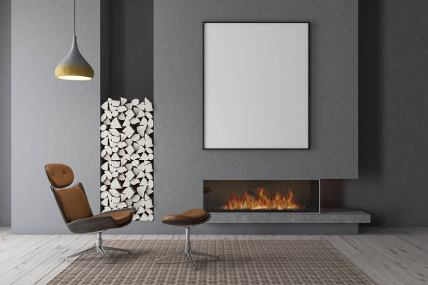 istock Gray fireplace with brown armchair, poster 1090989222