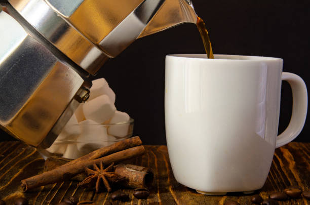 coffee composition - coffee maker, white cup of coffee and dessert - ретро imagens e fotografias de stock